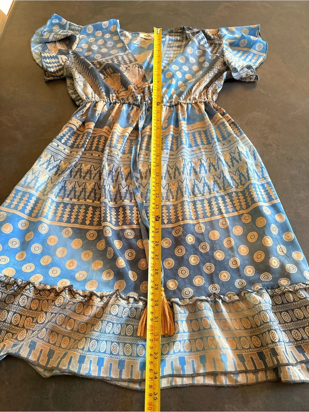 Boho Blue Printed V-Neck Mini Dress with Tassel Detail Small - Picture 4 of 10
